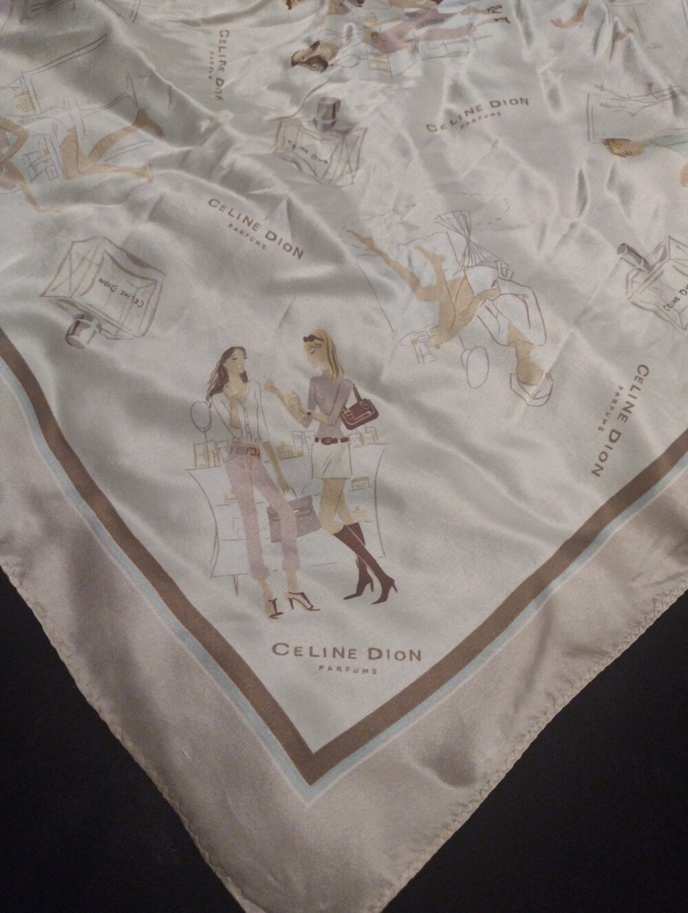 Celine Dion Parfums Silk Scarf Women Perfume Print 18" Square Cream Tan Brown